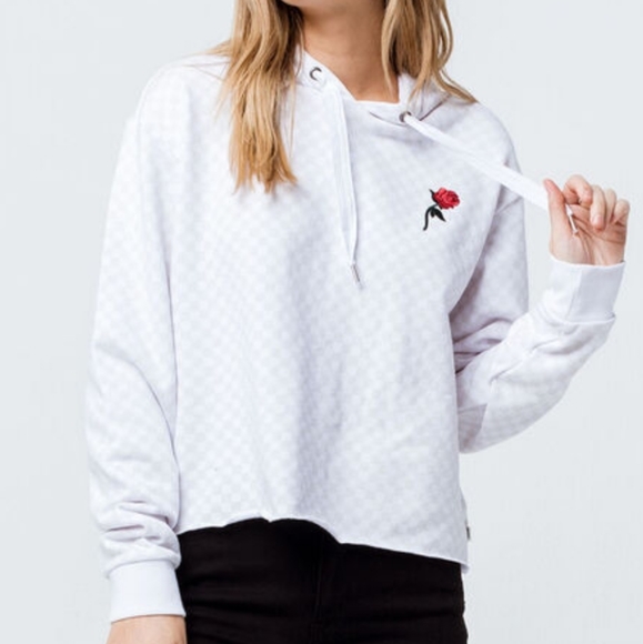 vans rose checkerboard sleeve black hoodie